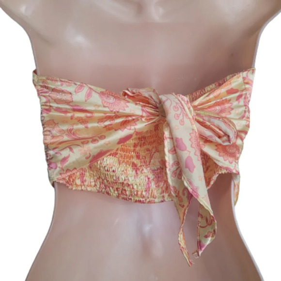 Rue 21 Yellow Pink Floral Satin Sleeveless Scarf Top Size Women's Medium - Picture 2 of 8